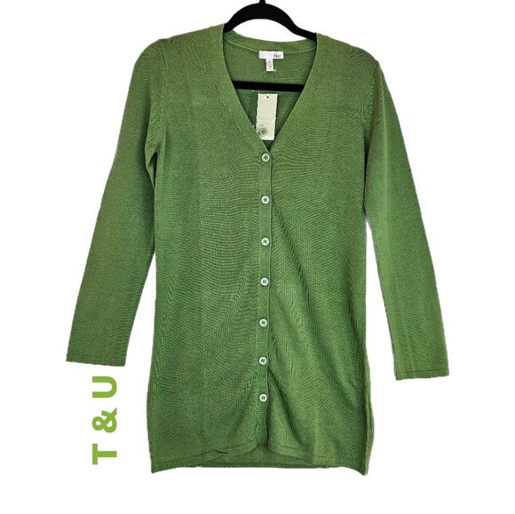 T & U Womens Green Knit All Cotton Long Line Cardigan Sweater Sz S - Picture 1 of 8